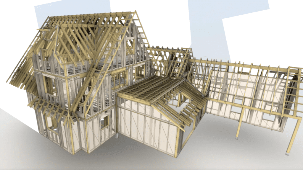 A 3D model showing digital twin construction of a house with a detailed BIM timber frame structure, trusses and beams.