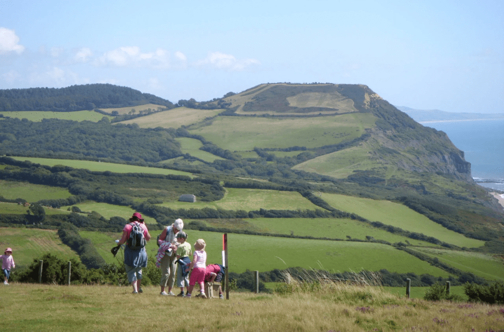 Scenic view of rolling green patchwork fields and a distant coastline, highlighting the countryside surrounding the project.